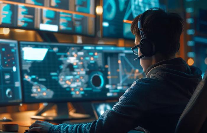 Analyst uses a multi-monitor setup with business data and insights, demonstrating top enterprise search for ai simplifying information retrieval in complex environments