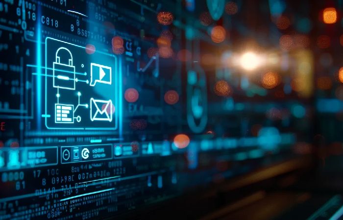 Digital security dashboard on a computer, showing how software for online faxing enhances security and compliance.